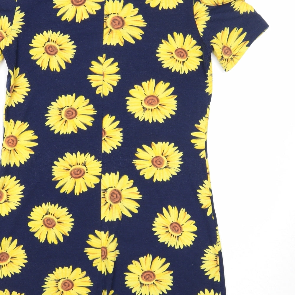 AX Paris Womens Blue Floral Polyester Mini Size 10 Round Neck Pullover - Cold Shoulder