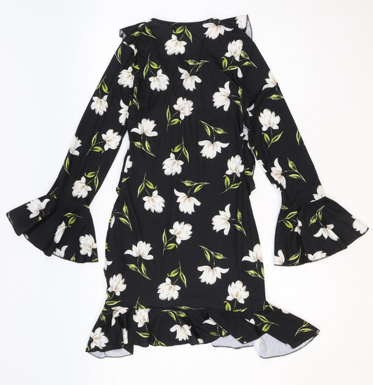 Missguided Womens Black Floral Polyester Trapeze & Swing Size 10 V-Neck Pullover