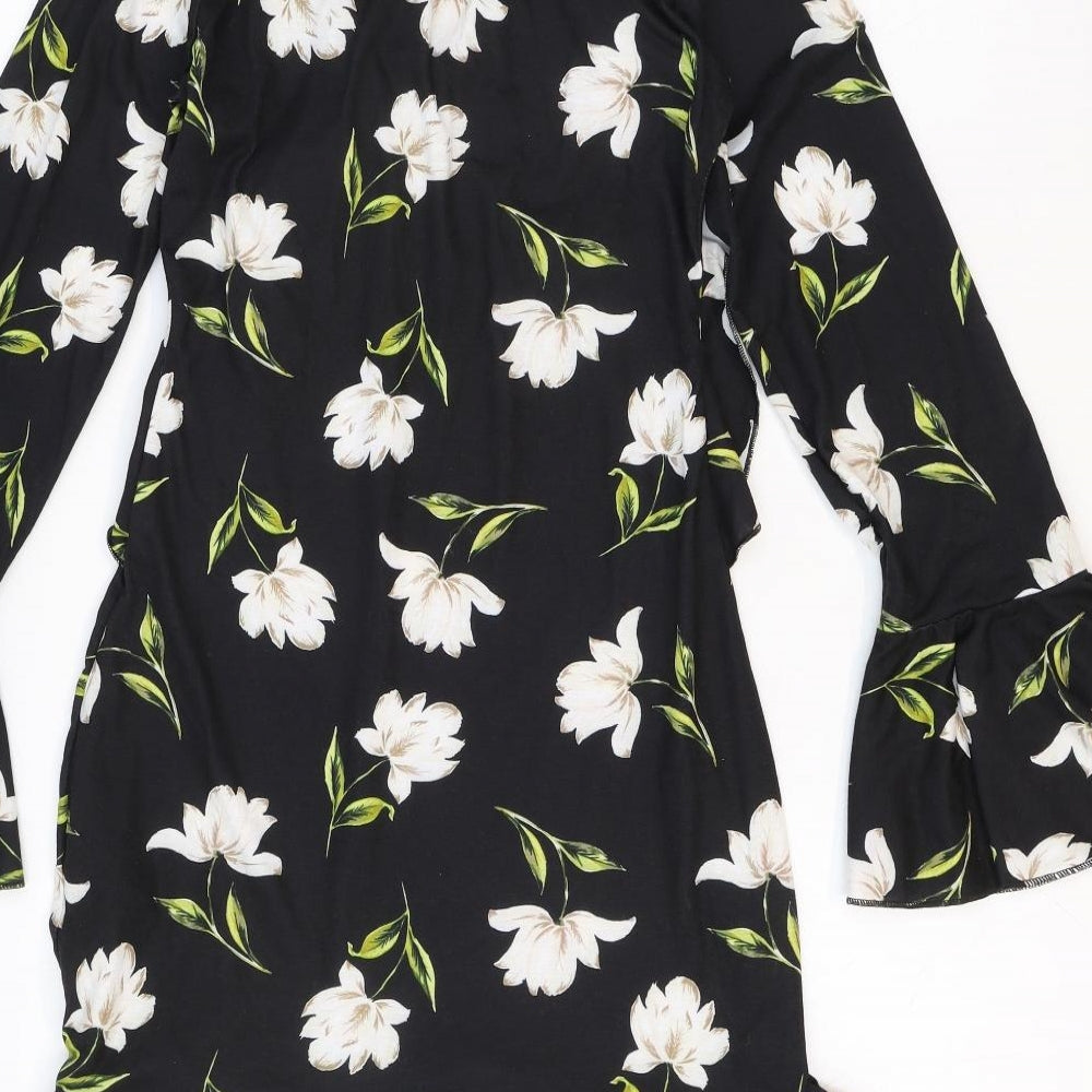 Missguided Womens Black Floral Polyester Trapeze & Swing Size 10 V-Neck Pullover