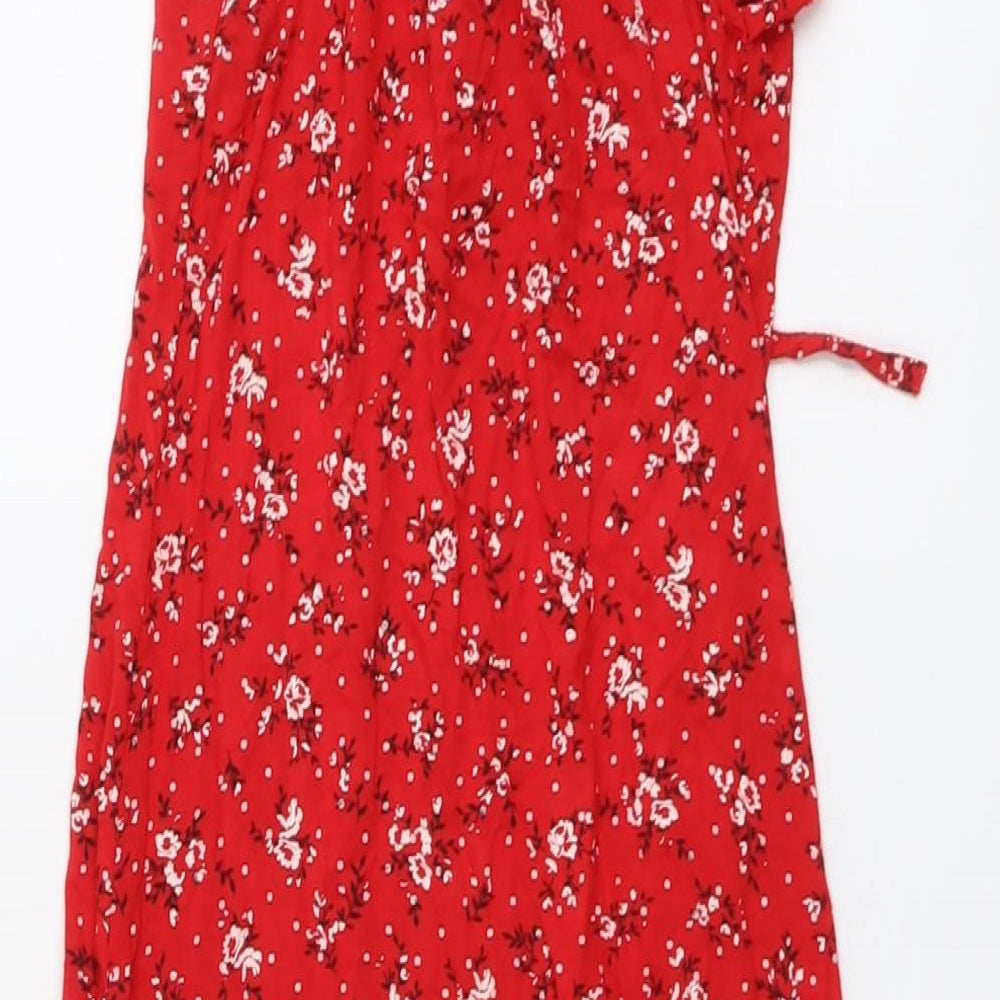 PRETTYLITTLETHING Womens Red Floral Viscose Bodycon Size 8 V-Neck Pullover