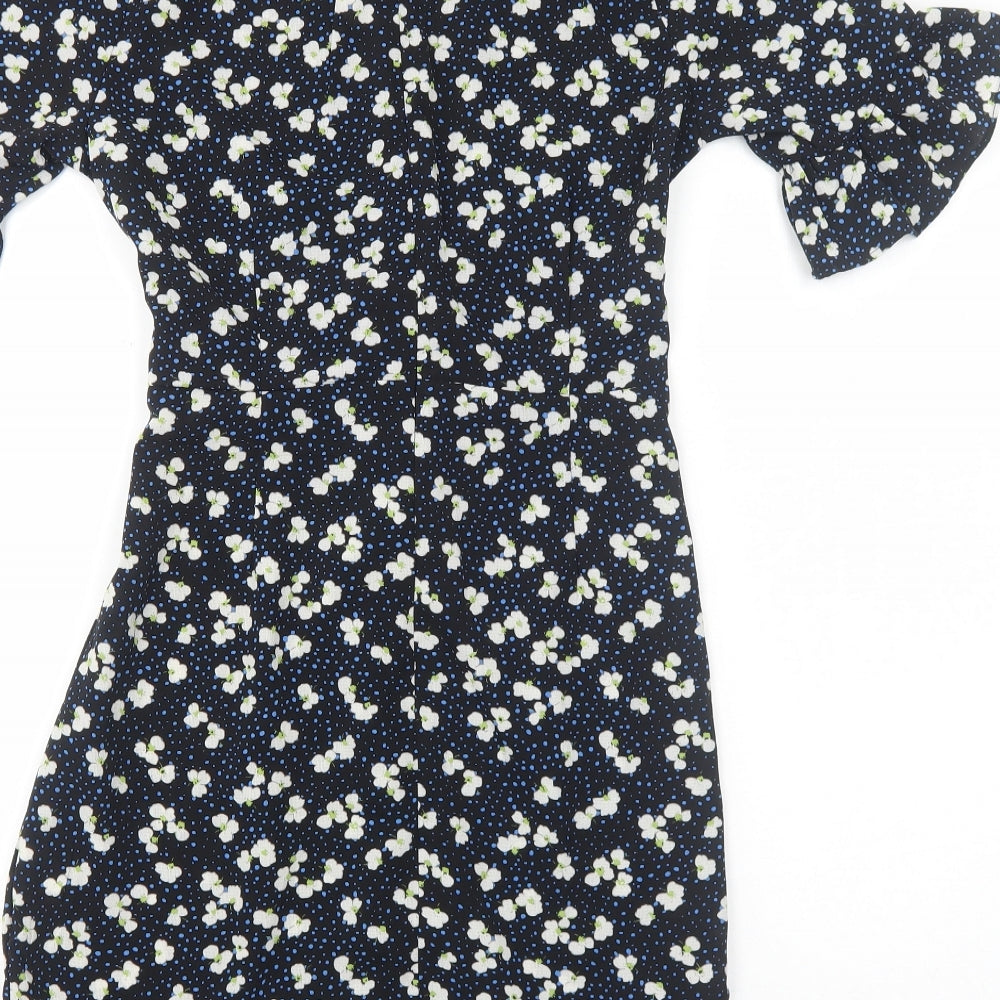PRETTYLITTLETHING Womens Black Floral Polyester Fit & Flare Size 8 V-Neck Zip