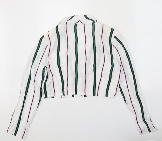 Bershka Womens White Striped Viscose Cropped Button-Up Size L Collared