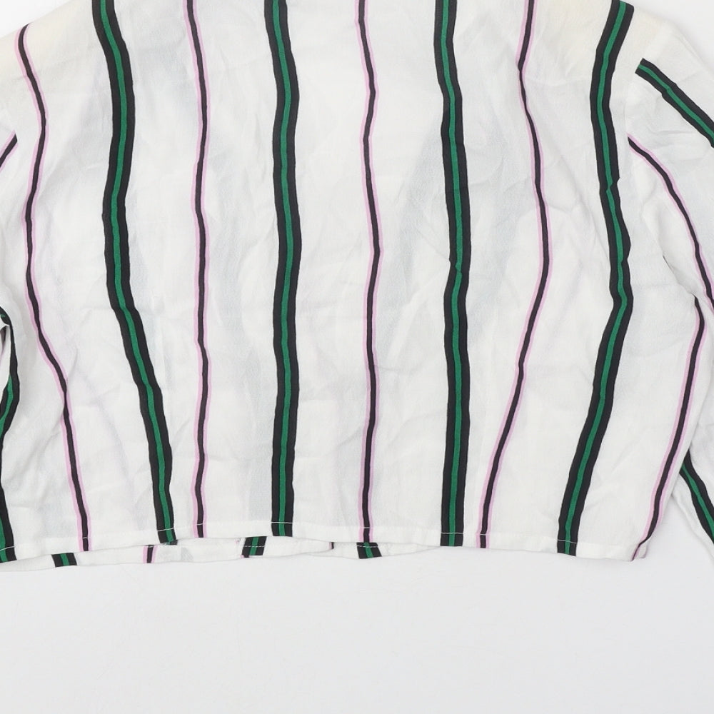 Bershka Womens White Striped Viscose Cropped Button-Up Size L Collared