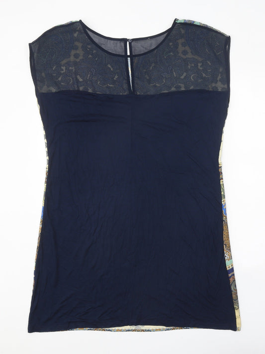 Promod Womens Blue Geometric Polyester Sheath One Size Scoop Neck Button