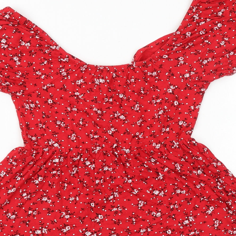 Boohoo Womens Red Floral Viscose Basic Blouse Size 8 Off the Shoulder