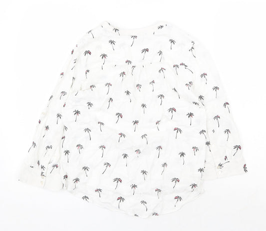 Atmosphere Womens White Geometric Viscose Basic Button-Up Size 8 V-Neck - Palm Tree Pattern