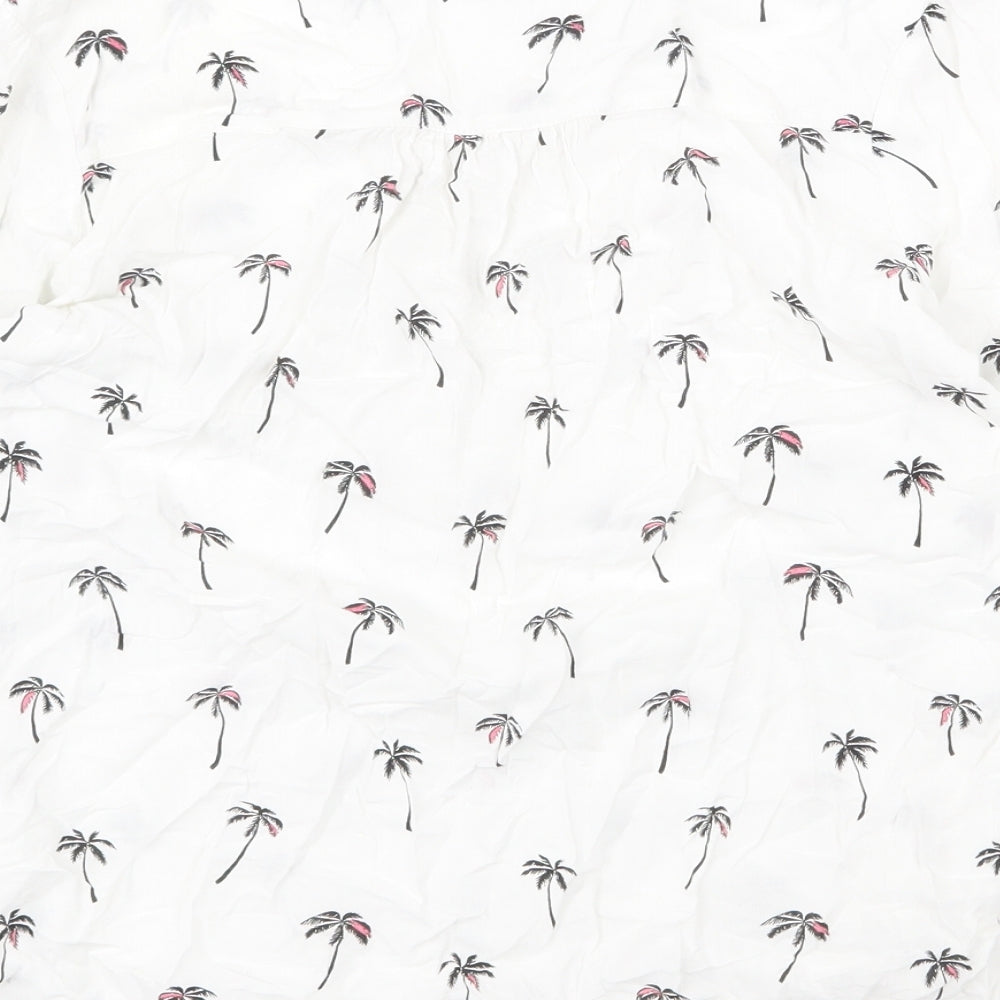 Atmosphere Womens White Geometric Viscose Basic Button-Up Size 8 V-Neck - Palm Tree Pattern