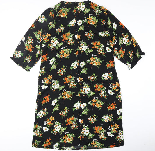 Studio Womens Black Floral Polyester A-Line Size 16 V-Neck Zip