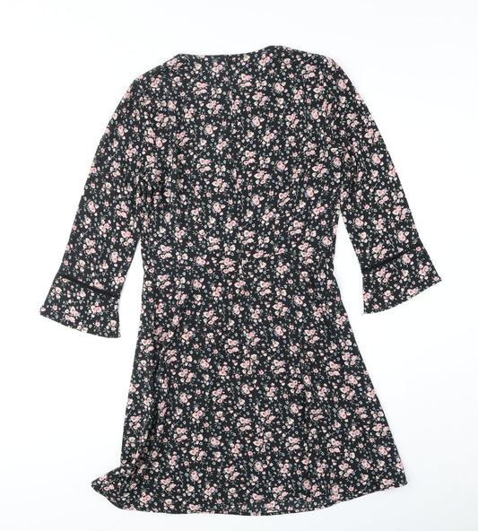 Divided by H&M Womens Black Floral Polyester A-Line Size 8 Round Neck Zip