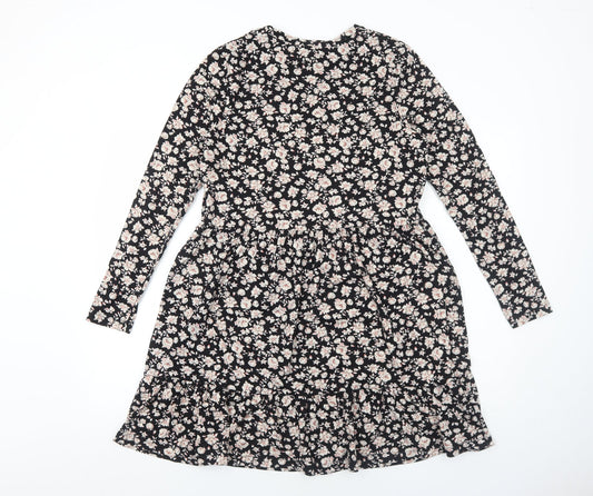 New Look Womens Black Floral Polyester Fit & Flare Size 14 Round Neck Pullover