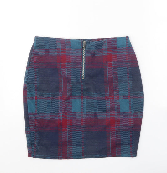 New Look Womens Blue Plaid Polyester A-Line Skirt Size 8 Zip