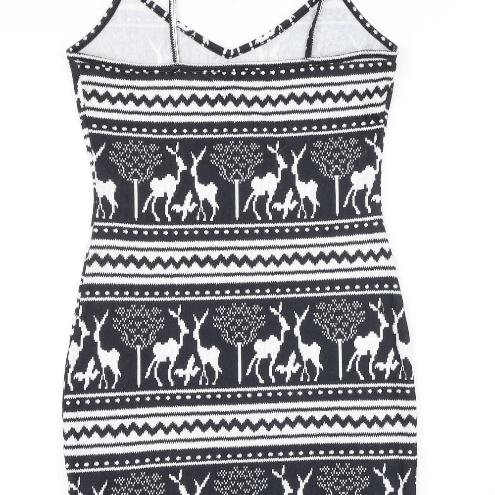 SheIn Womens Black Geometric Polyester Mini Size S V-Neck Pullover