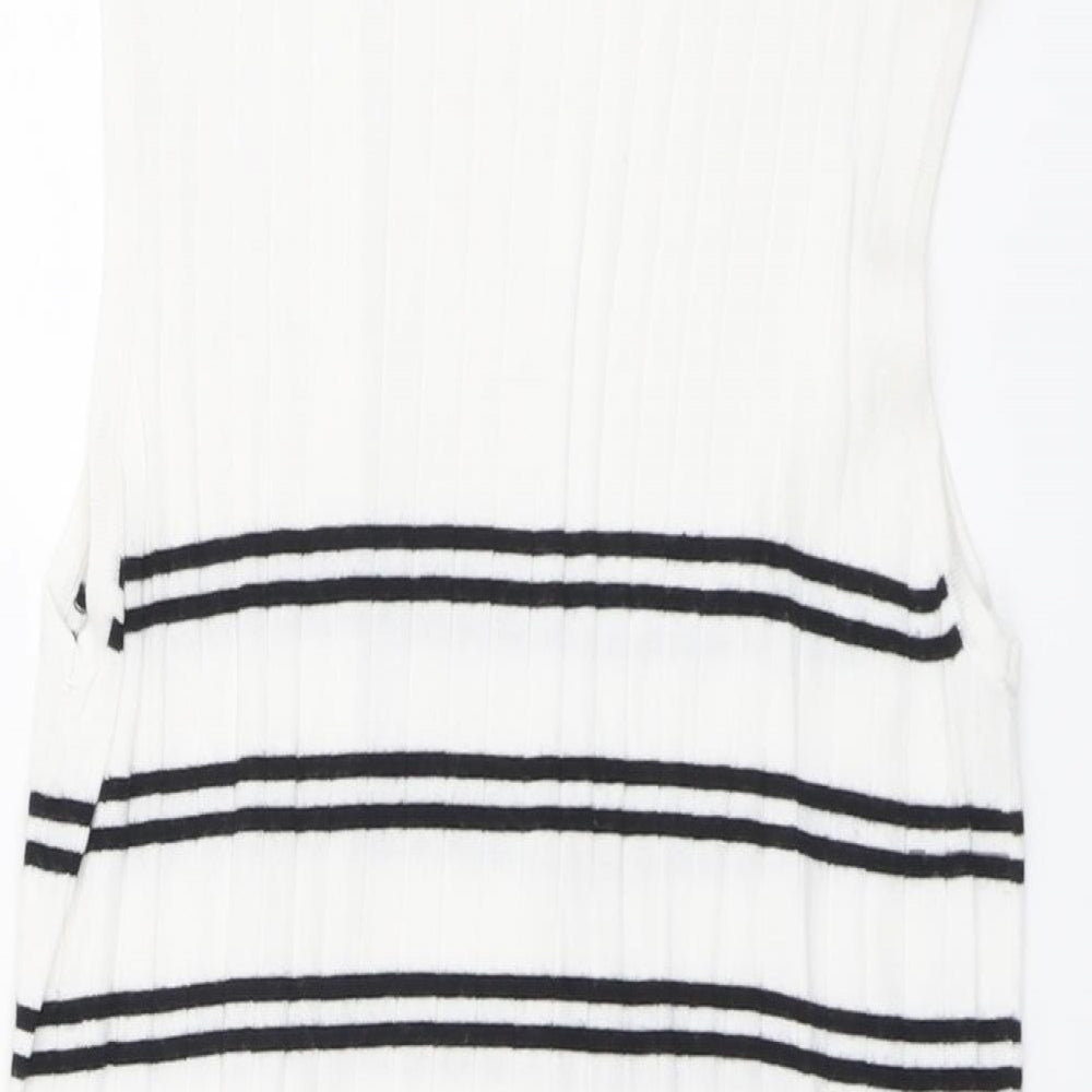 F&F Womens White Striped Viscose Basic Blouse Size 14 Mock Neck