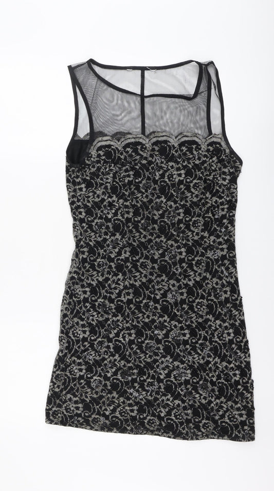 Debenhams Womens Black Geometric Nylon A-Line Size 12 Round Neck Pullover