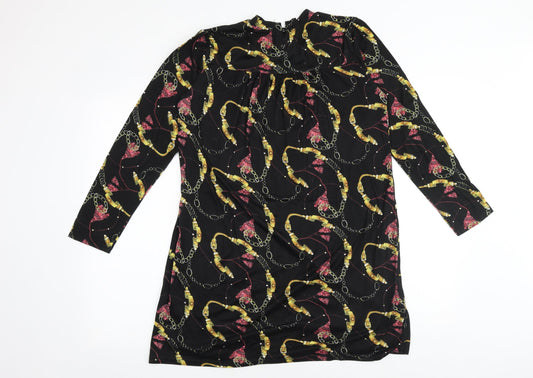 PEP&CO Womens Black Geometric Polyester A-Line Size 10 Round Neck Button