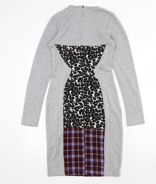 ASOS Womens Grey Geometric Polyester Jumper Dress Size 8 Round Neck Zip