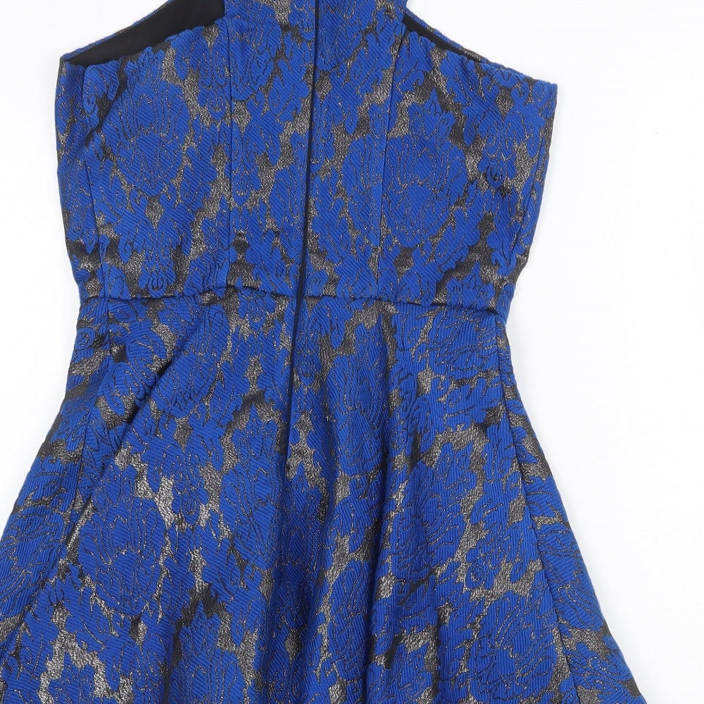 AX Paris Womens Blue Geometric Wool Skater Dress Size 8 Round Neck Zip