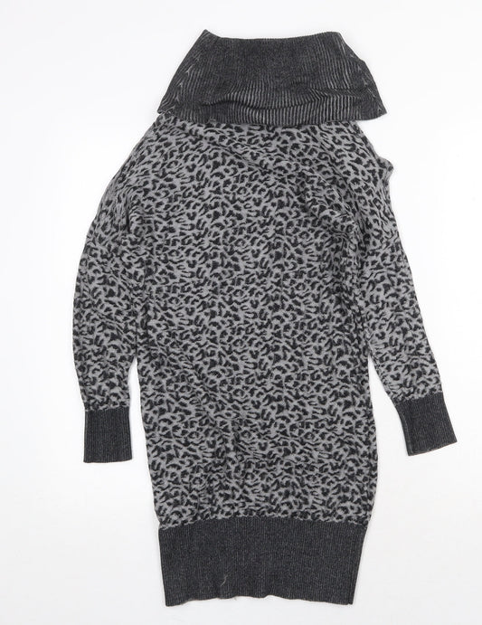 Oasis Womens Grey Animal Print Viscose Jumper Dress Size XS Roll Neck Pullover - Leopard Pattern