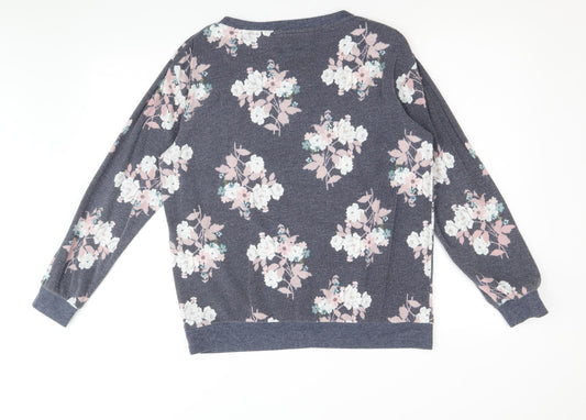 Nutmeg Womens Blue Round Neck Floral Cotton Pullover Jumper Size 12