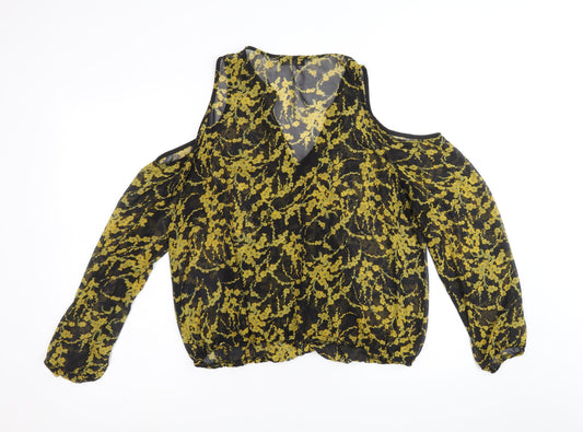 Papaya Womens Beige Floral Polyacrylate Fibre Basic Blouse Size 14 V-Neck - Cold Shoulder