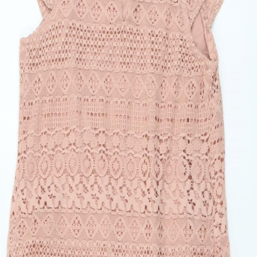 Atmosphere Womens Pink Geometric Cotton A-Line Size 6 Round Neck Button