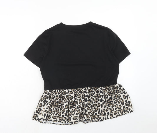 SheIn Womens Black Animal Print Polyester Basic T-Shirt Size M Round Neck - Leopard print drop hem