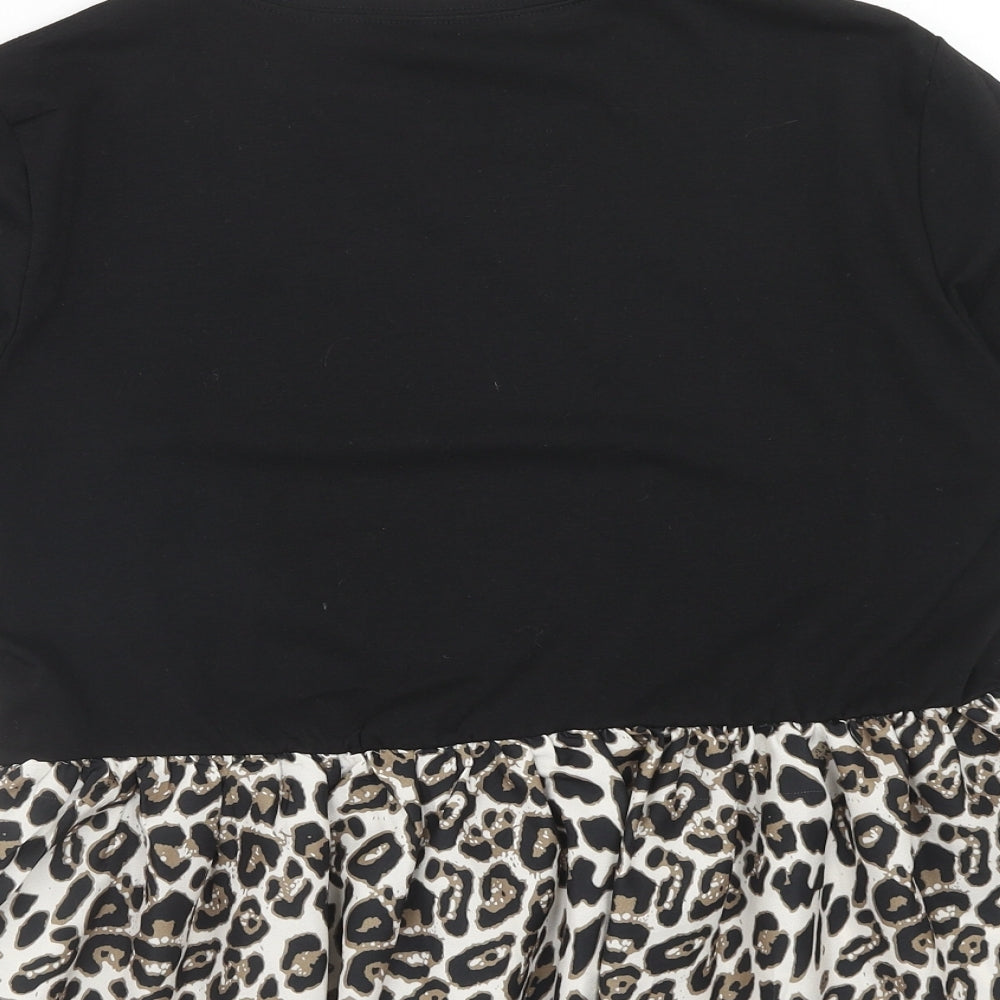 SheIn Womens Black Animal Print Polyester Basic T-Shirt Size M Round Neck - Leopard print drop hem