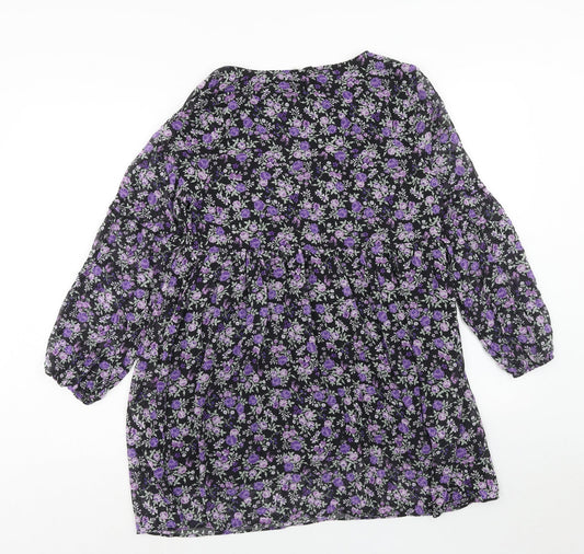 H&M Womens Purple Floral Polyester A-Line Size M V-Neck Pullover