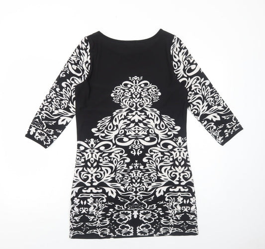 Klass Womens Black Geometric Polyester Mini Size S Boat Neck Pullover