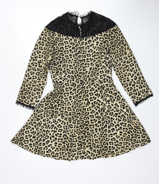 Zara Womens Beige Animal Print Polyester Fit & Flare Size S Round Neck Zip - Leopard Pattern