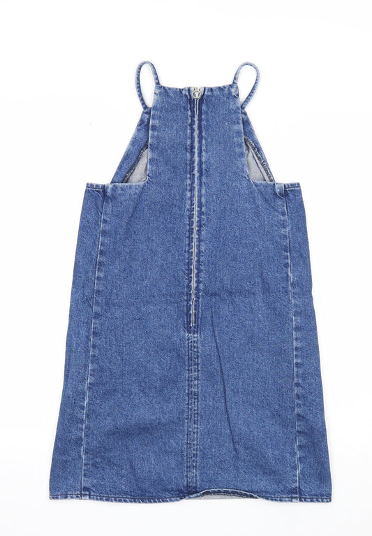 Topshop Womens Blue Cotton Pinafore/Dungaree Dress Size 6 Square Neck Zip