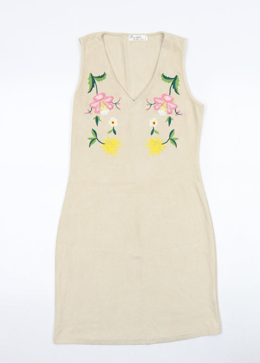 Fiona&Co Womens Beige Floral Polyester Bodycon Size S V-Neck Pullover