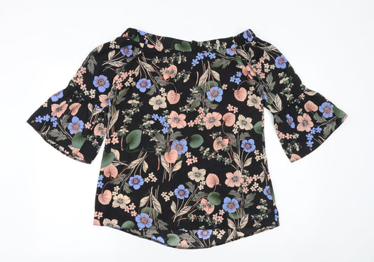 F&F Womens Black Floral Polyester Basic Blouse Size 8 Off the Shoulder