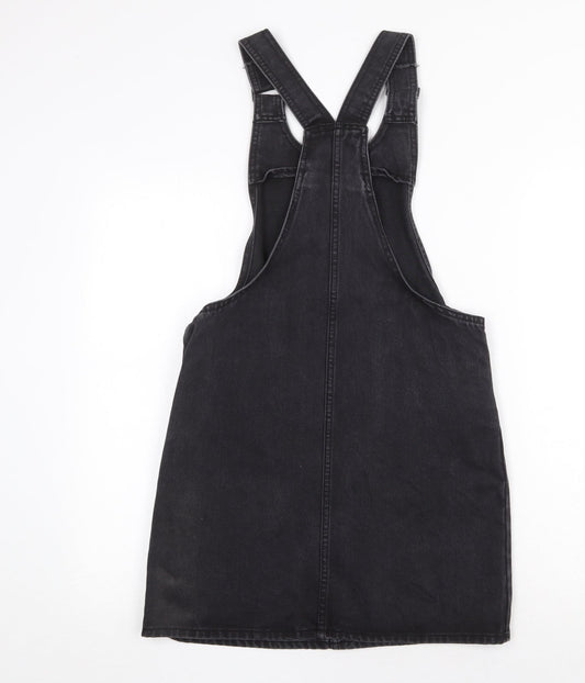 Denim & Co. Womens Grey Cotton Pinafore/Dungaree Dress Size 8 Scoop Neck Buckle
