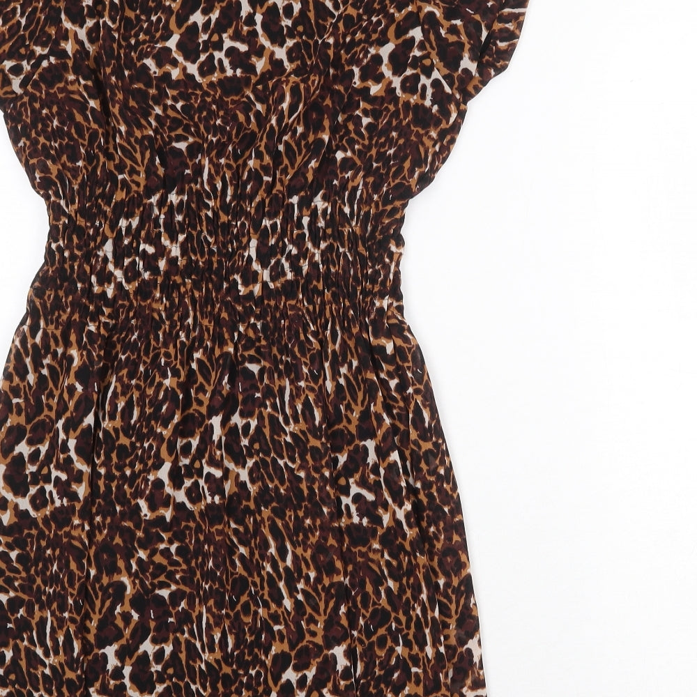 Influence Womens Brown Animal Print Polyester A-Line Size 12 Boat Neck Pullover - Leopard Print