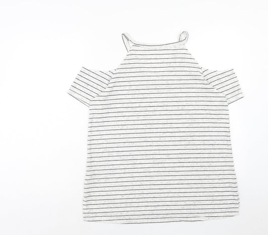 Papaya Womens White Striped Polyester Basic T-Shirt Size 12 V-Neck - Cold Shoulder