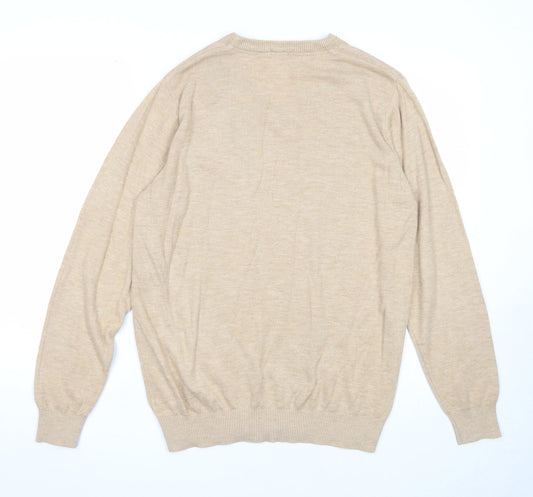 Cotton Traders Mens Beige V-Neck Acrylic Pullover Jumper Size M Long Sleeve