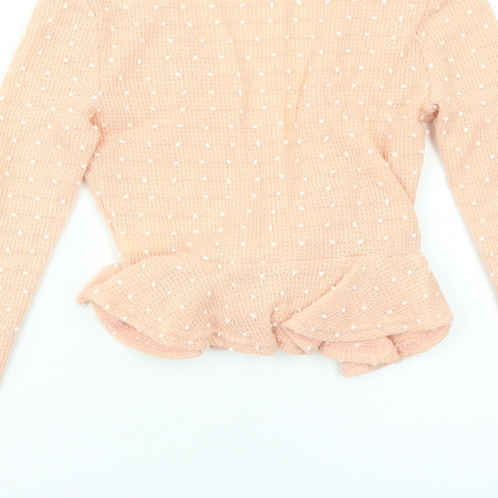 SheIn Womens Pink Polka Dot Nylon Basic Blouse Size S V-Neck