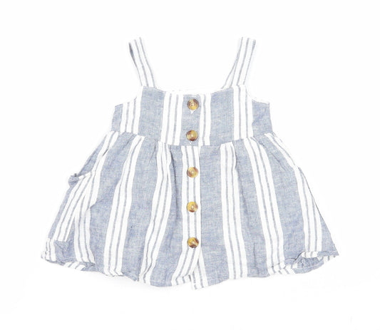Primark Girls Blue Striped Polyester A-Line Size 0-3 Months Square Neck Button