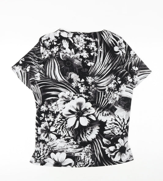 Anthology Womens Black Floral Polyester Basic T-Shirt Size 14 V-Neck - Twist Detail