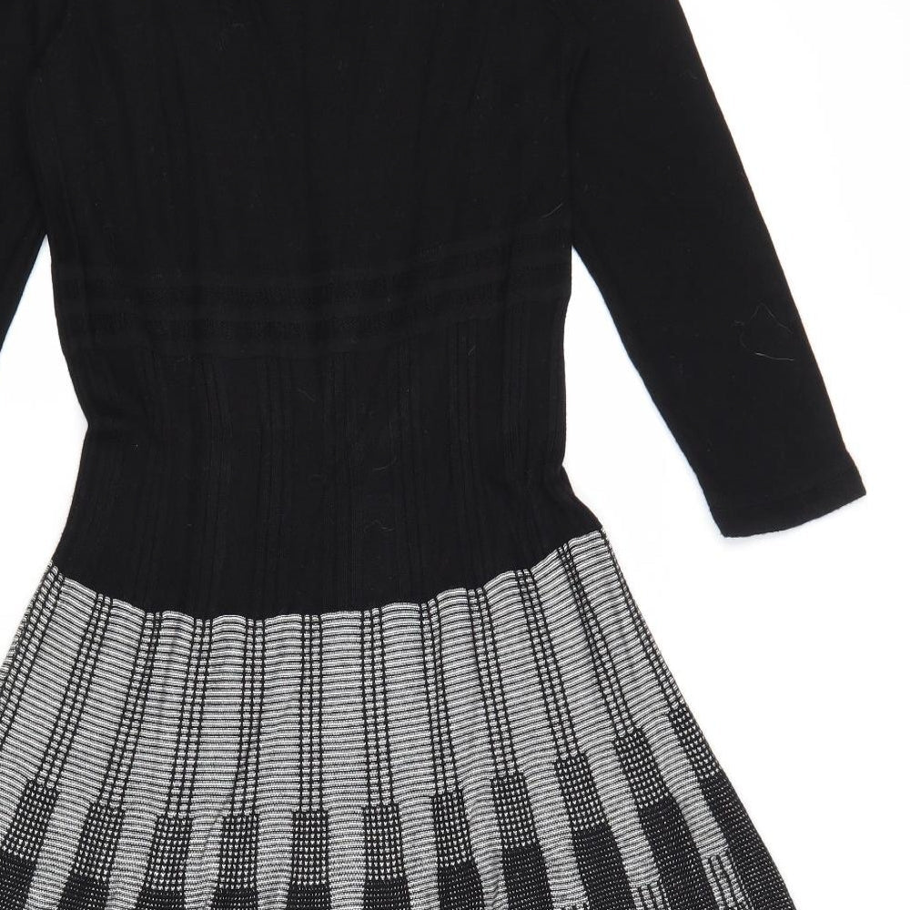 Max Studio Womens Black Geometric Cotton Skater Dress Size M Scoop Neck Pullover