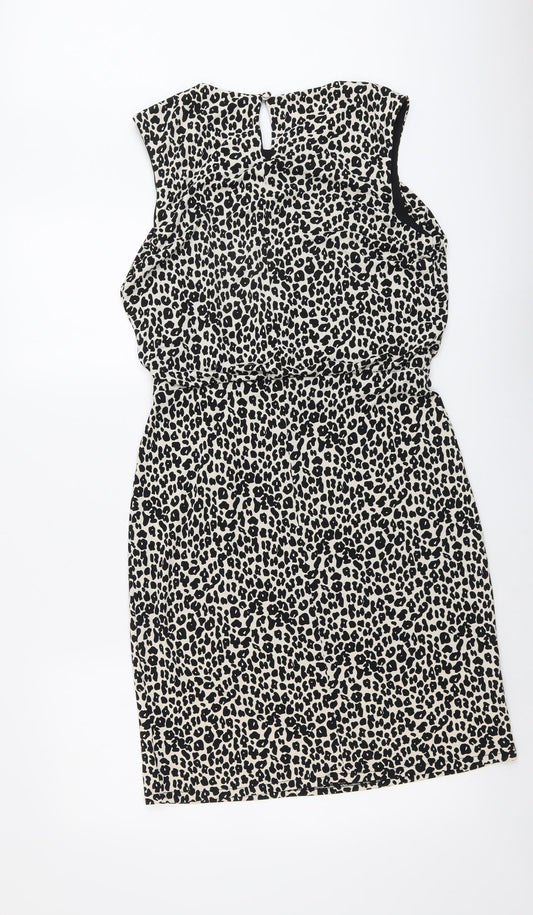 NEXT Womens Beige Animal Print Polyester Pencil Dress Size 14 Round Neck Button - Leopard Pattern