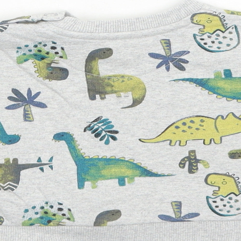 Brand and care label for Nutmeg boys’ grey cotton pullover button-up, size 0-3, months round neck snap - dinosaur, cactus