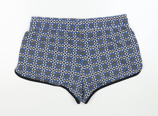 Topshop Womens Blue Geometric Polyester Sweat Shorts Size 10 Regular Drawstring