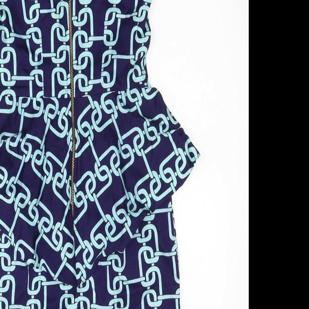 Closet Womens Blue Geometric Cotton Pencil Dress Size 8 Round Neck Zip