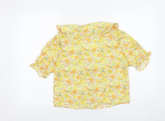 INFLUENCE Womens Yellow Floral 100% Cotton Basic Button-Up Size 10 Scoop Neck