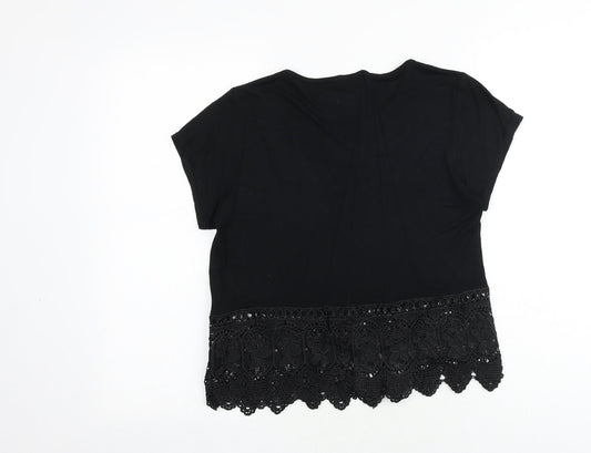Boohoo Womens Black Viscose Basic T-Shirt Size 8 Round Neck - Crochet Hem