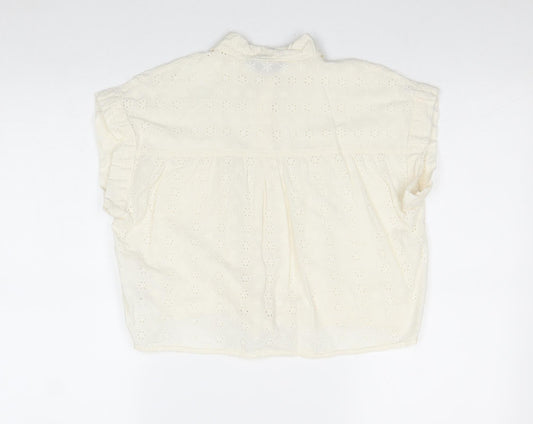 Primark Womens Ivory 100% Cotton Basic Button-Up Size 8 Collared - Tie Front Broderie Anglaise