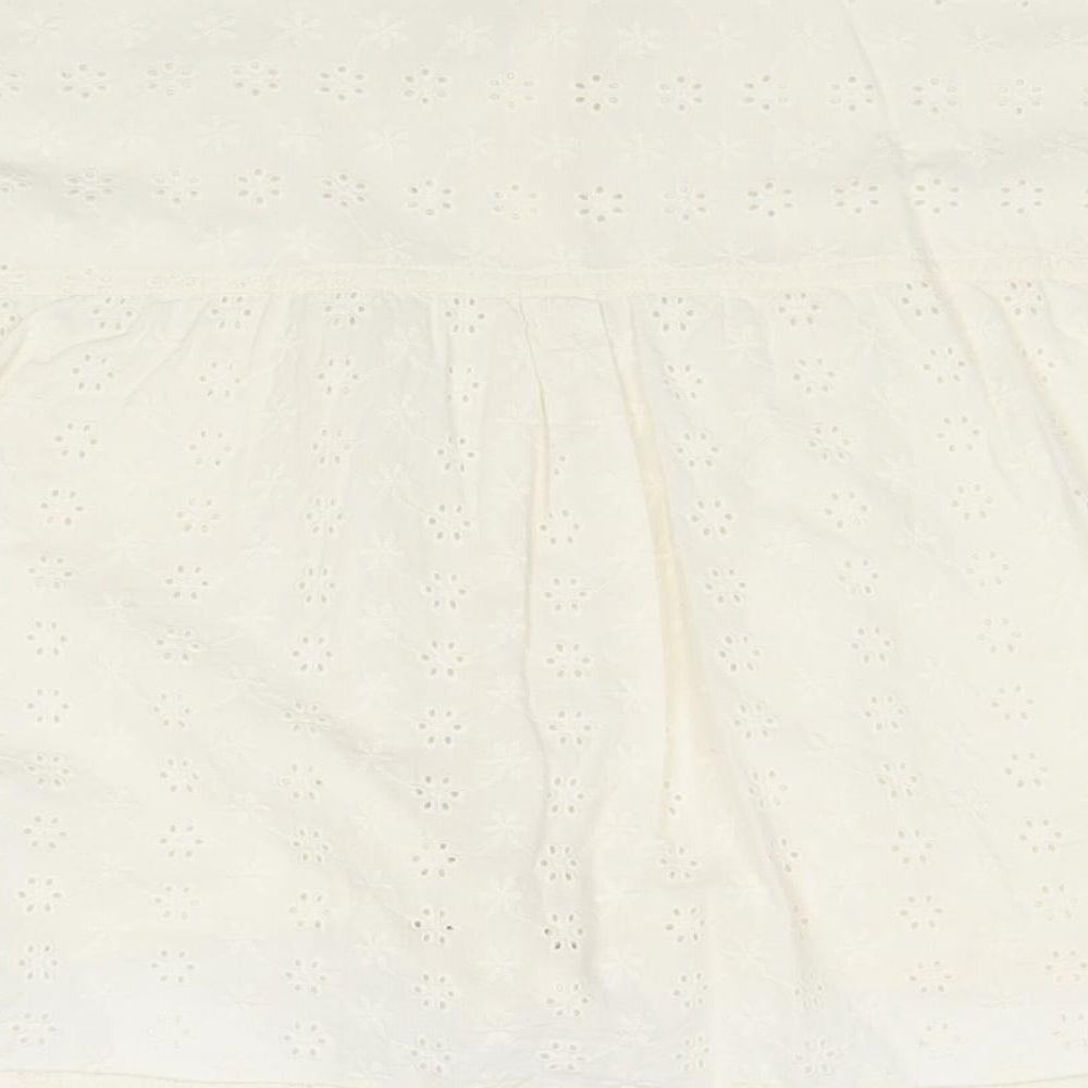 Primark Womens Ivory 100% Cotton Basic Button-Up Size 8 Collared - Tie Front Broderie Anglaise