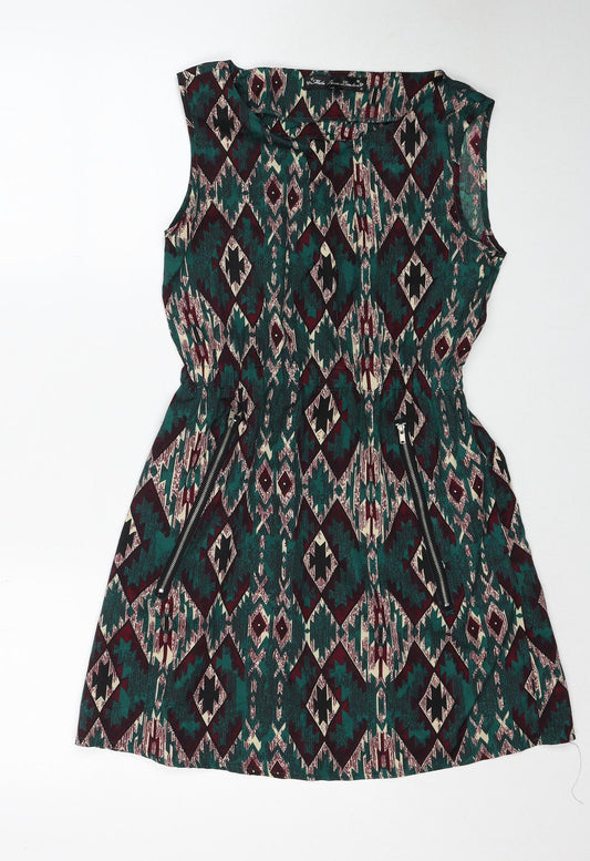 Mela London Womens Green Geometric Polyester A-Line Size 8 Round Neck Zip